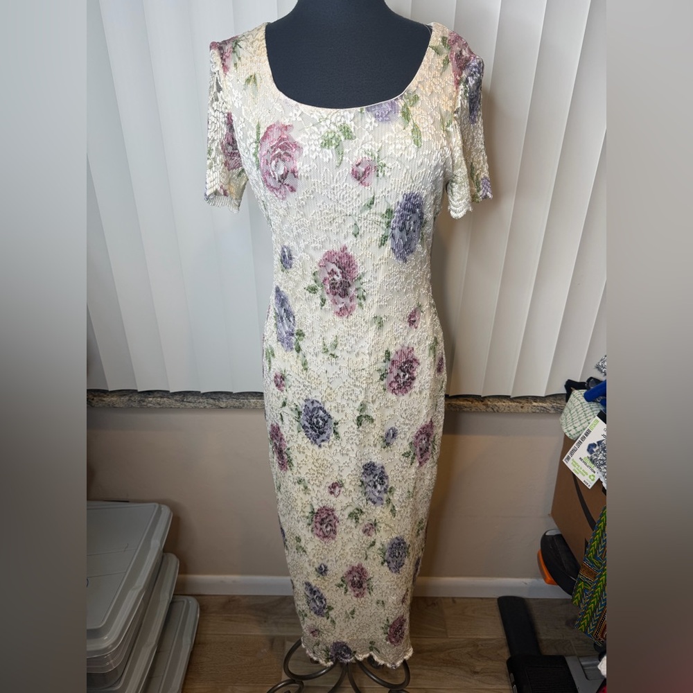 Teddi Vintage 1990s Short Sleeve Maxi Dress Cream Lace Roses Romantic Size 6